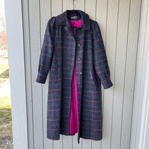 Vintage 70s Miss New Yorker Plaid Wool Blend Coat, Hot Pink Lining, Mod Chic